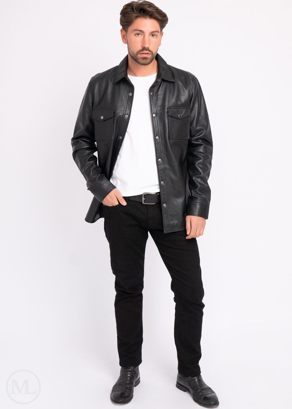 Man wearing a black leather jacket over a white shirt on a white background
