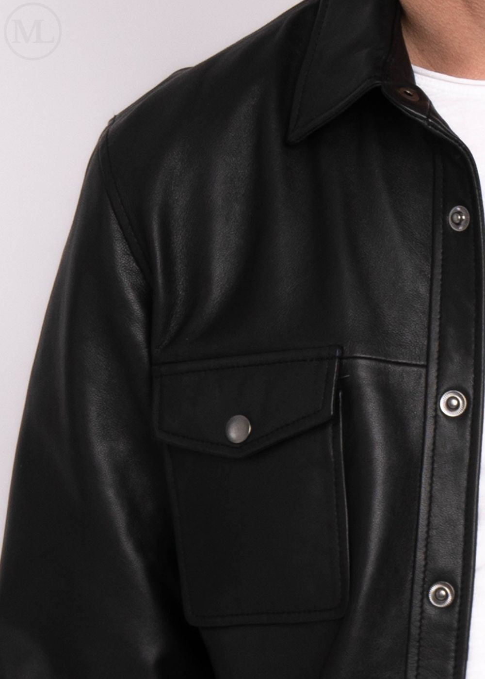 Black leather jacket with button details worn by a man on a white background