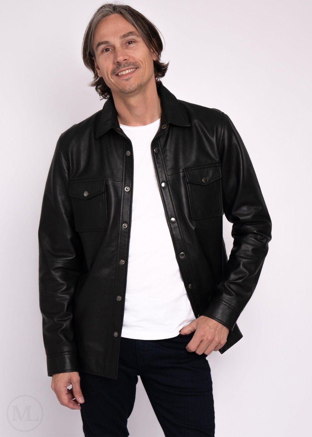 Man wearing a black leather jacket over a white shirt on a white background