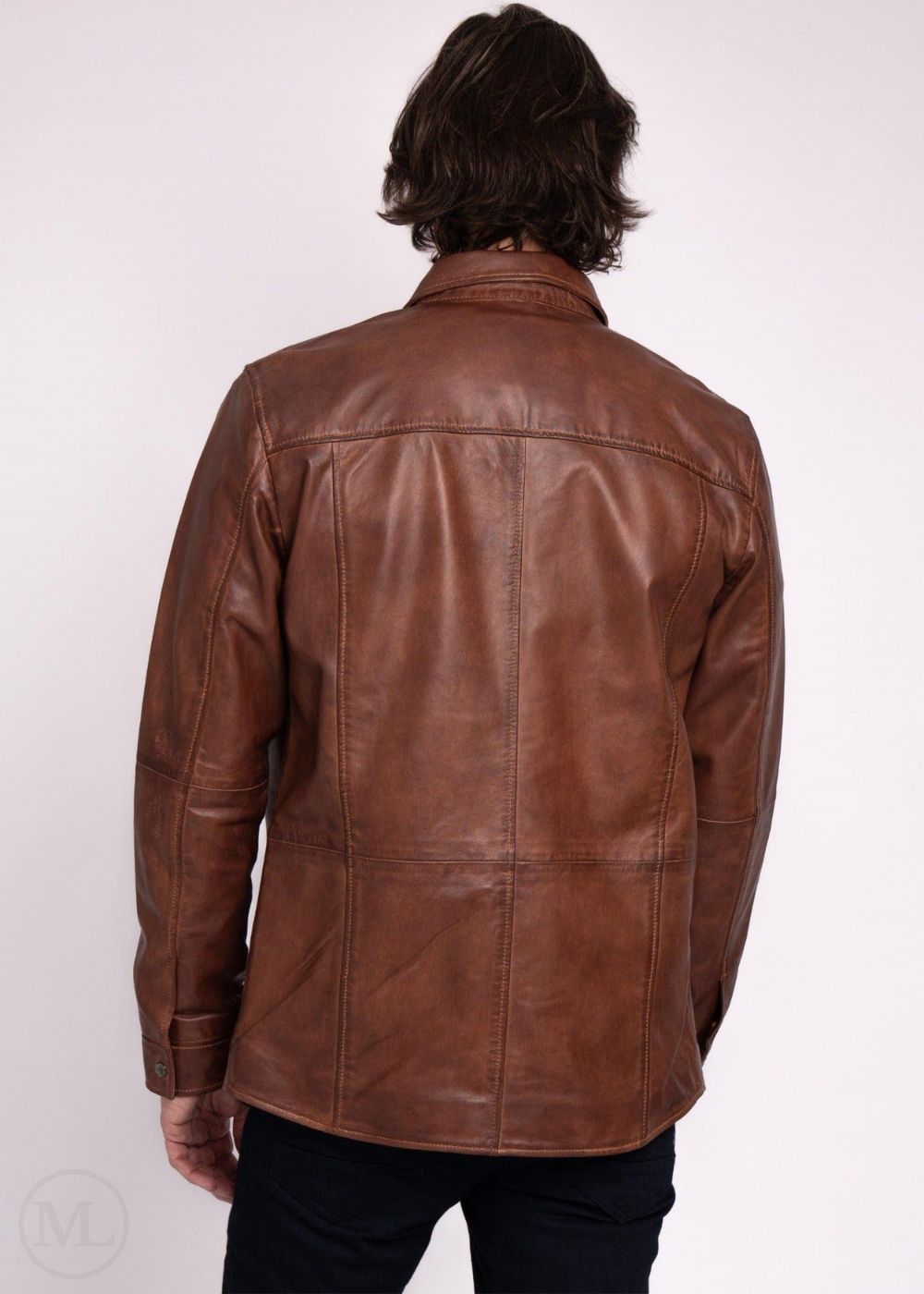 Cognac Brown leather jacket worn by a man on a white background