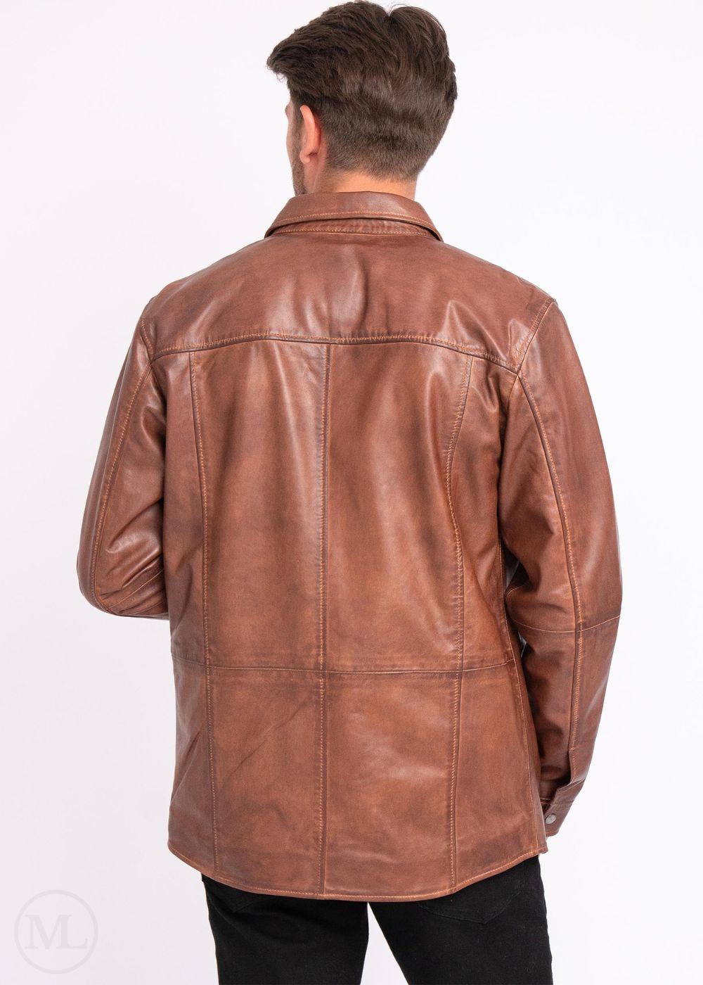 Cognac Brown leather jacket worn by a man on a white background