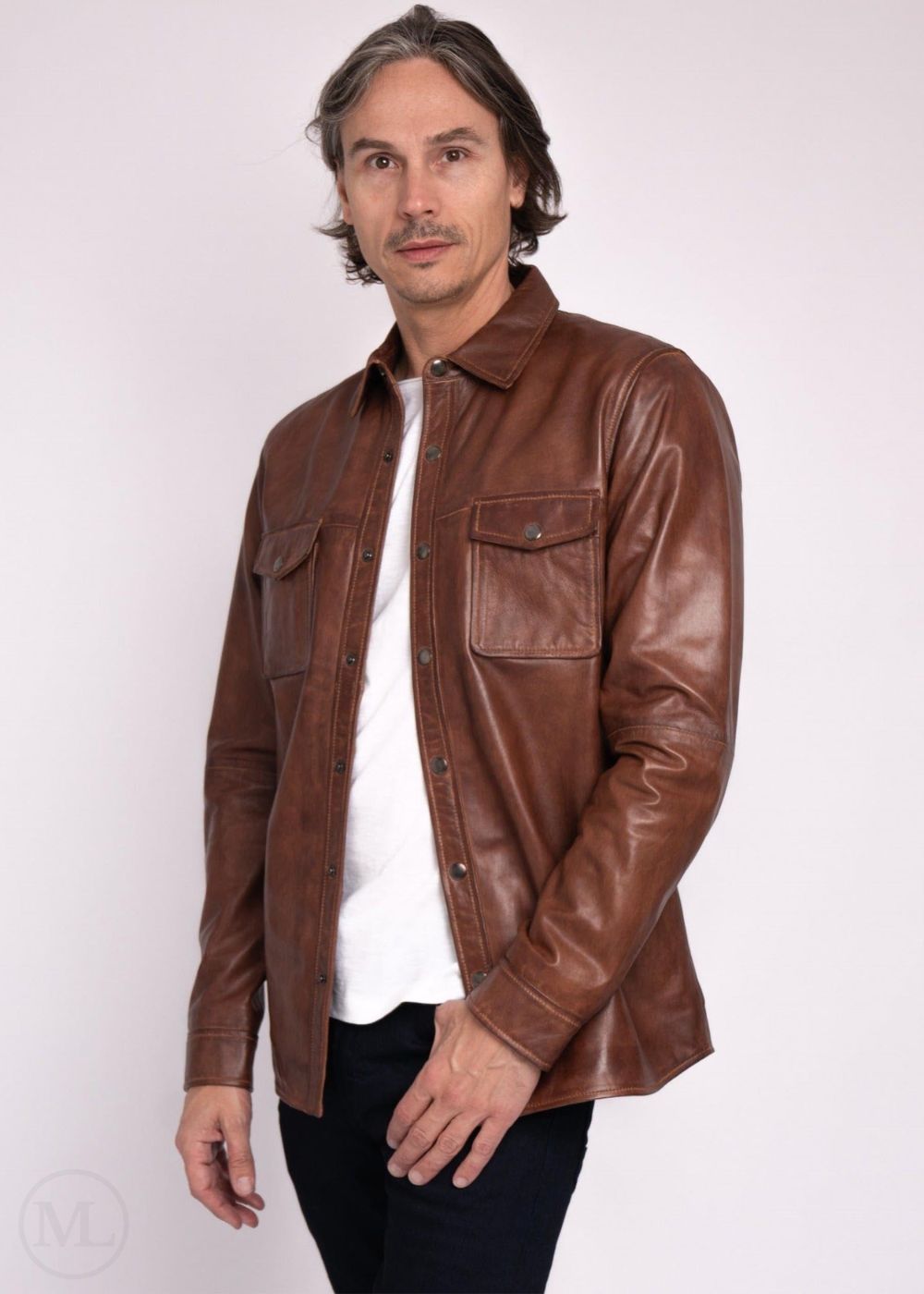 Man wearing a cognac brown leather jacket on a white background
