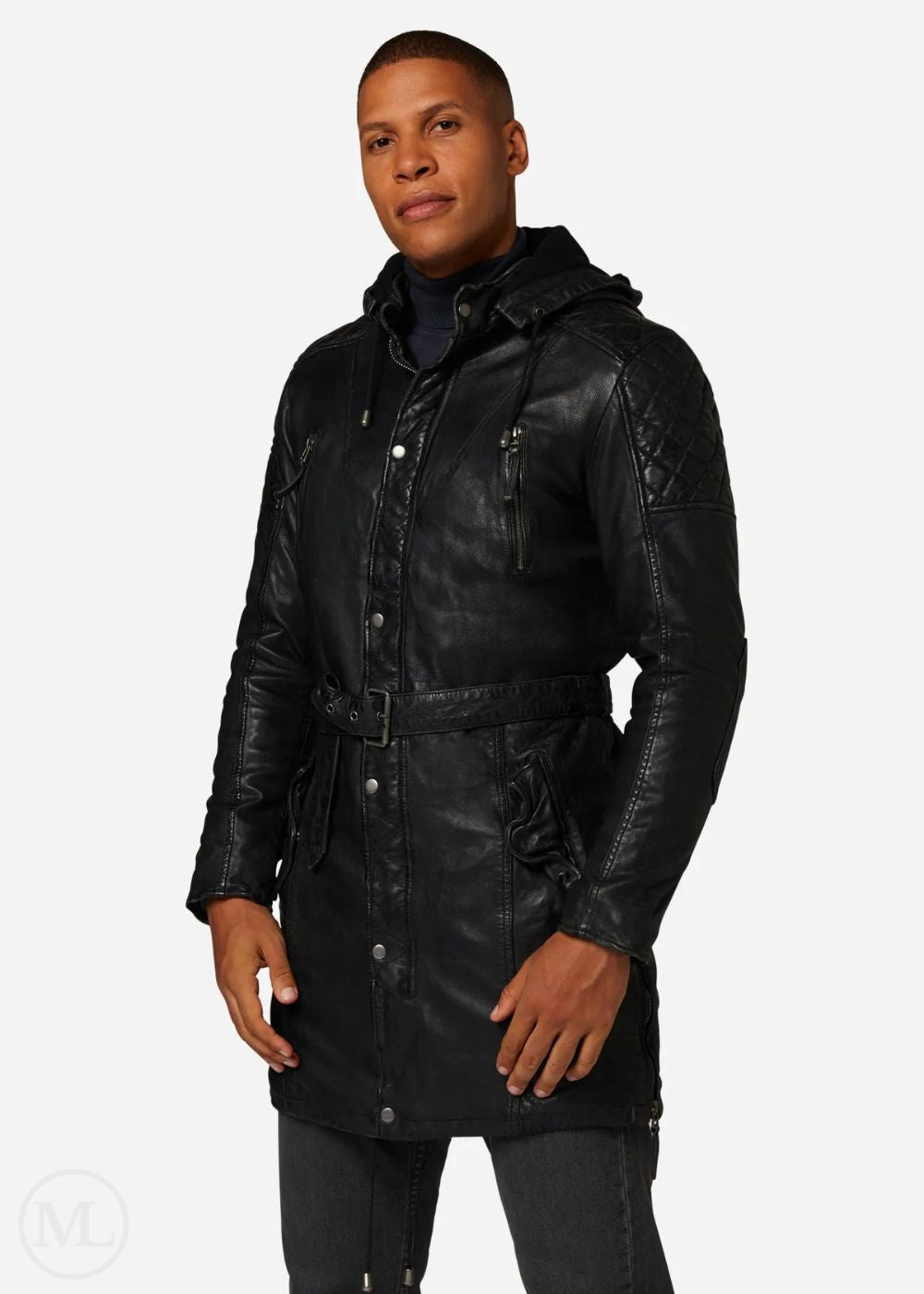 Man wearing a black leather coat on a white background