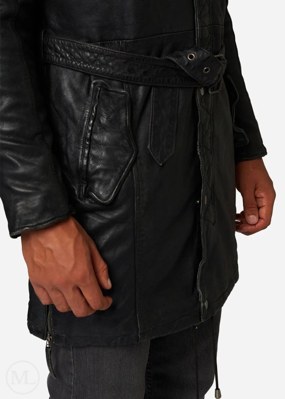 Black leather coat with a belt worn by a man on a white background