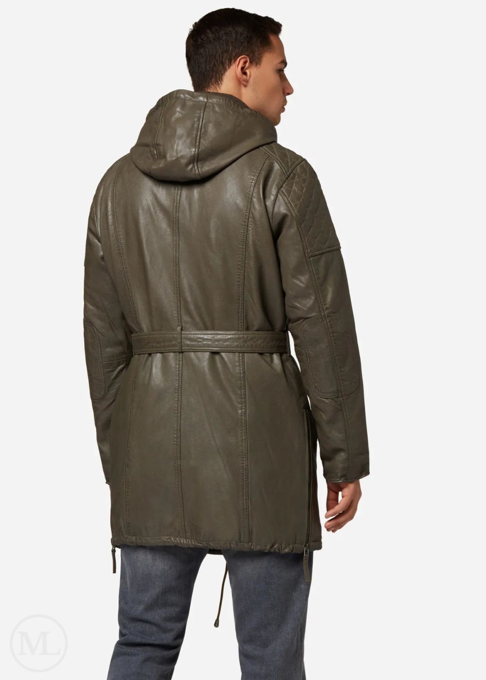 Man wearing a olive green leather coat on a white background