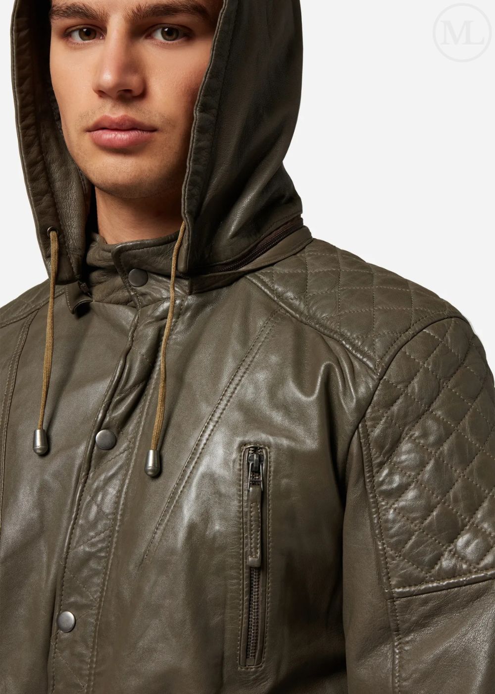 Man wearing a olive green leather coat with a hood on a white background