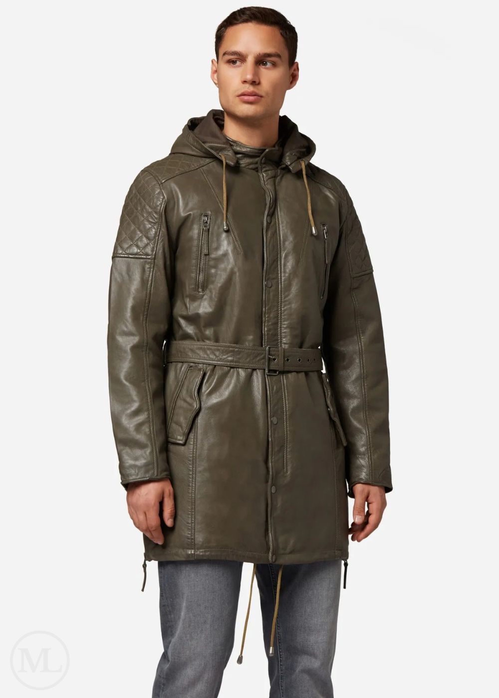 Man wearing a olive green leather coat on a white background