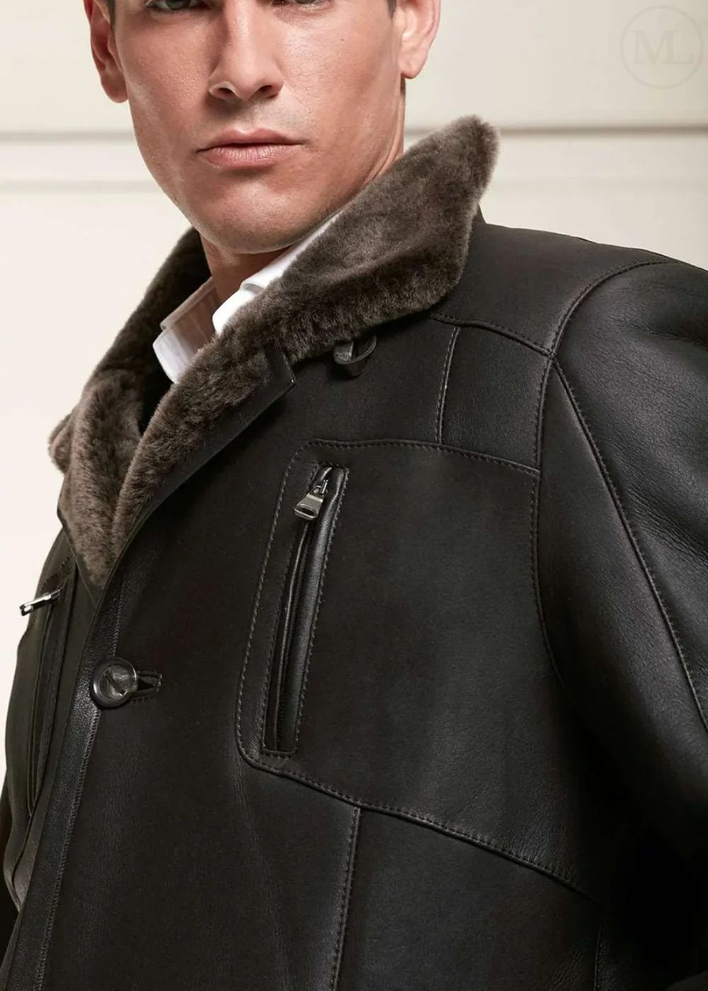 Man wearing a dark brown leather coat with fur collar against a neutral background