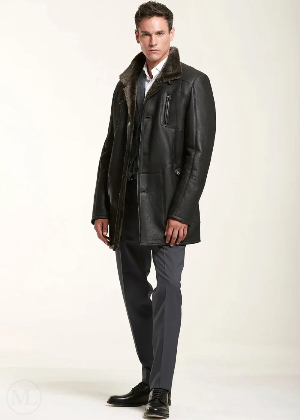 Man wearing a dark brown leather coat on a white background