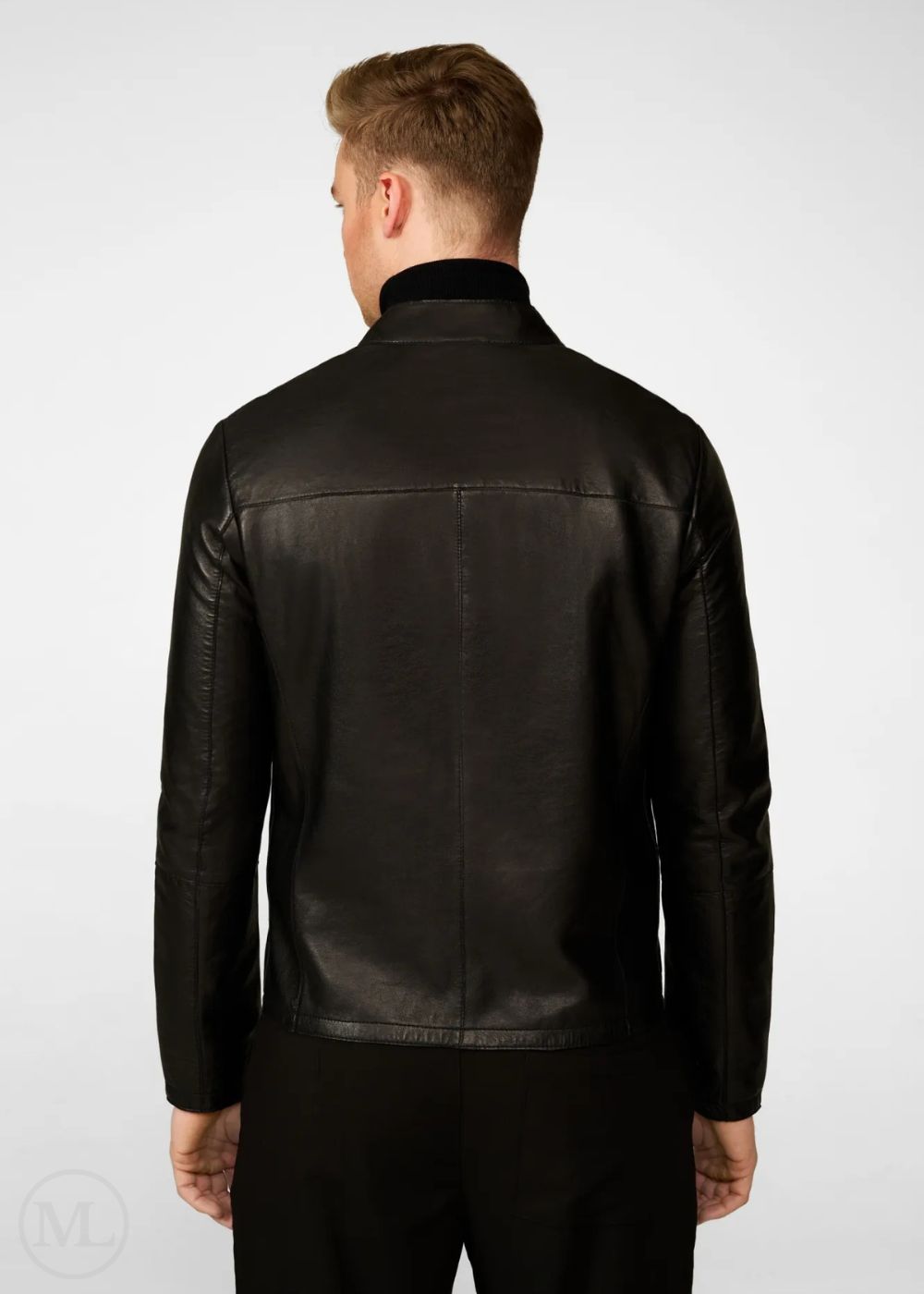 Man wearing a black leather biker jacket on a white background