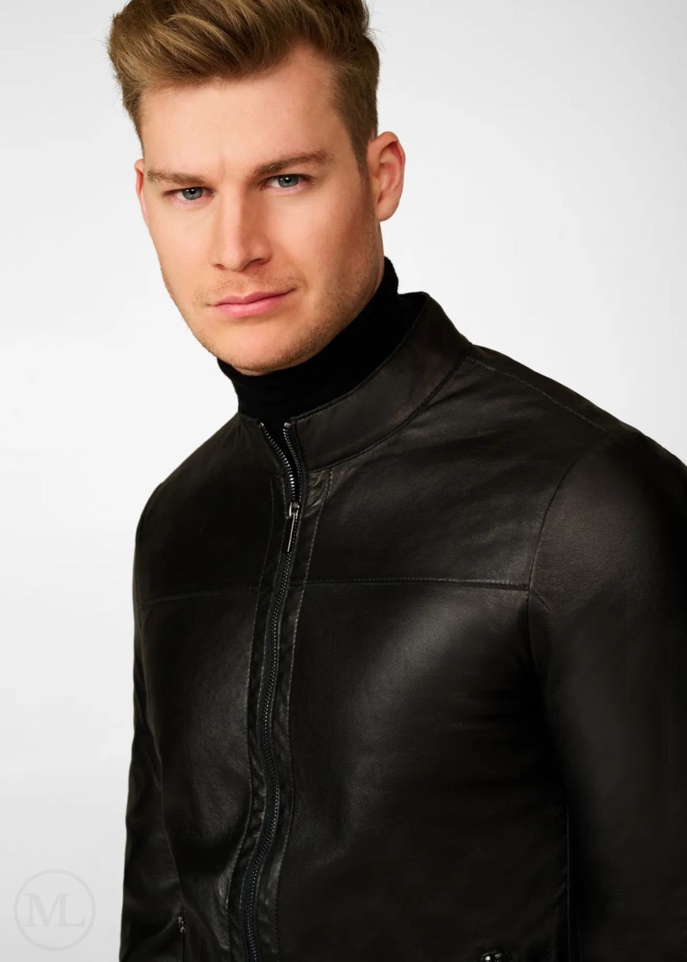 Man wearing a black leather biker jacket against a white background
