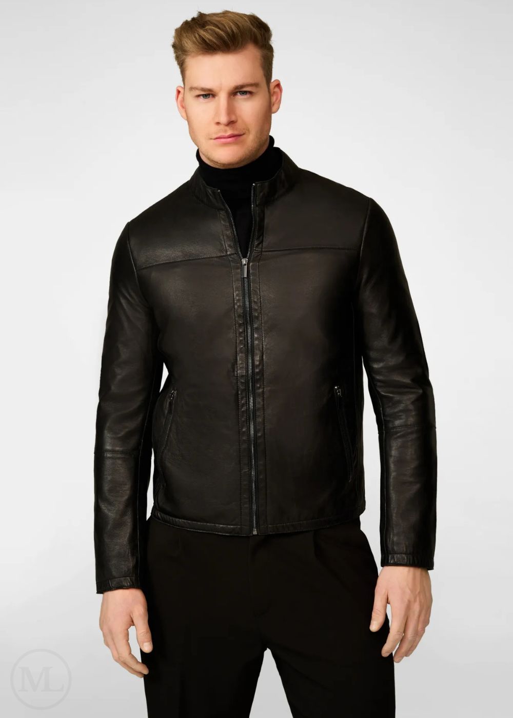 Man wearing a black leather biker jacket on a white background