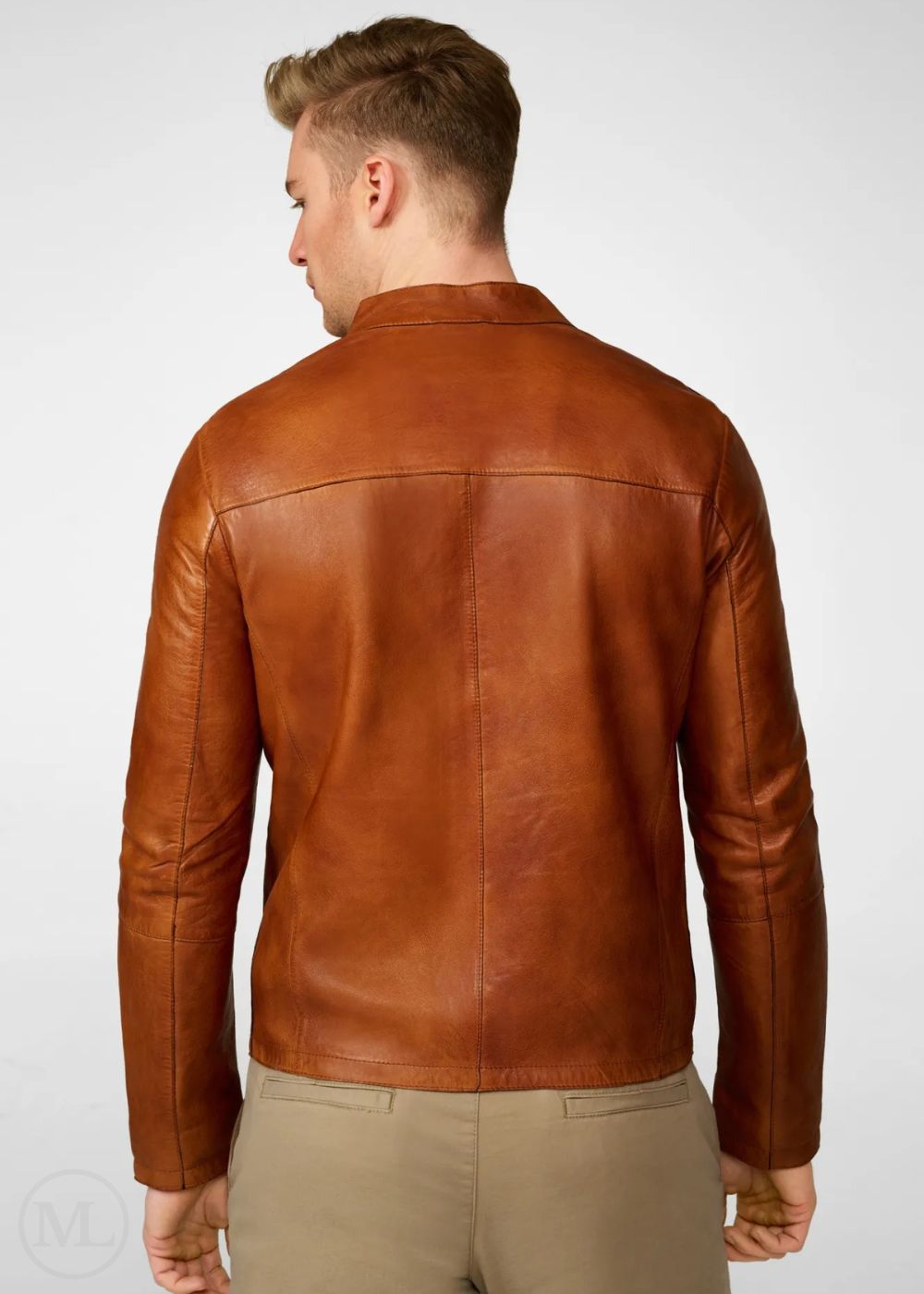 Man wearing a brown leather biker jacket on a white background