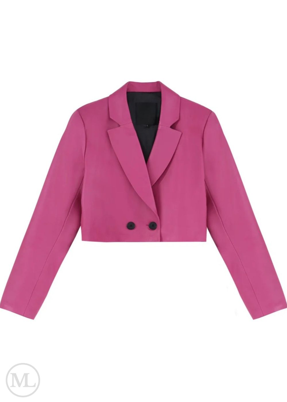 Fuschia leather blazer jacket with black buttons on a white background