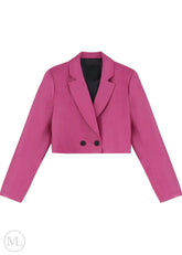 Fuschia leather blazer jacket with black buttons on a white background