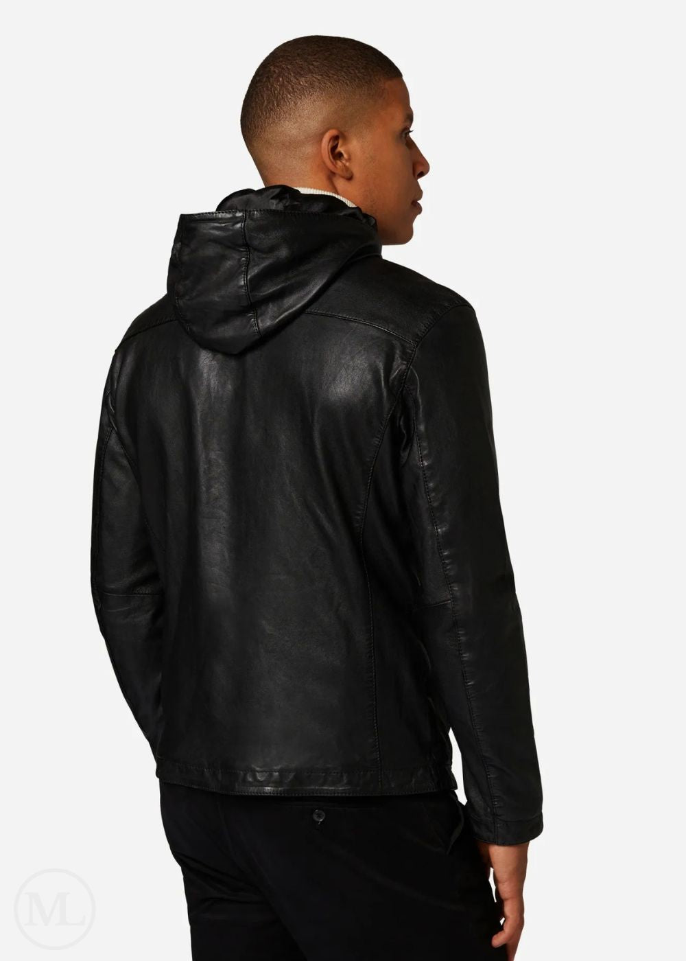 Man wearing a black leather jacket with a hood on a white background