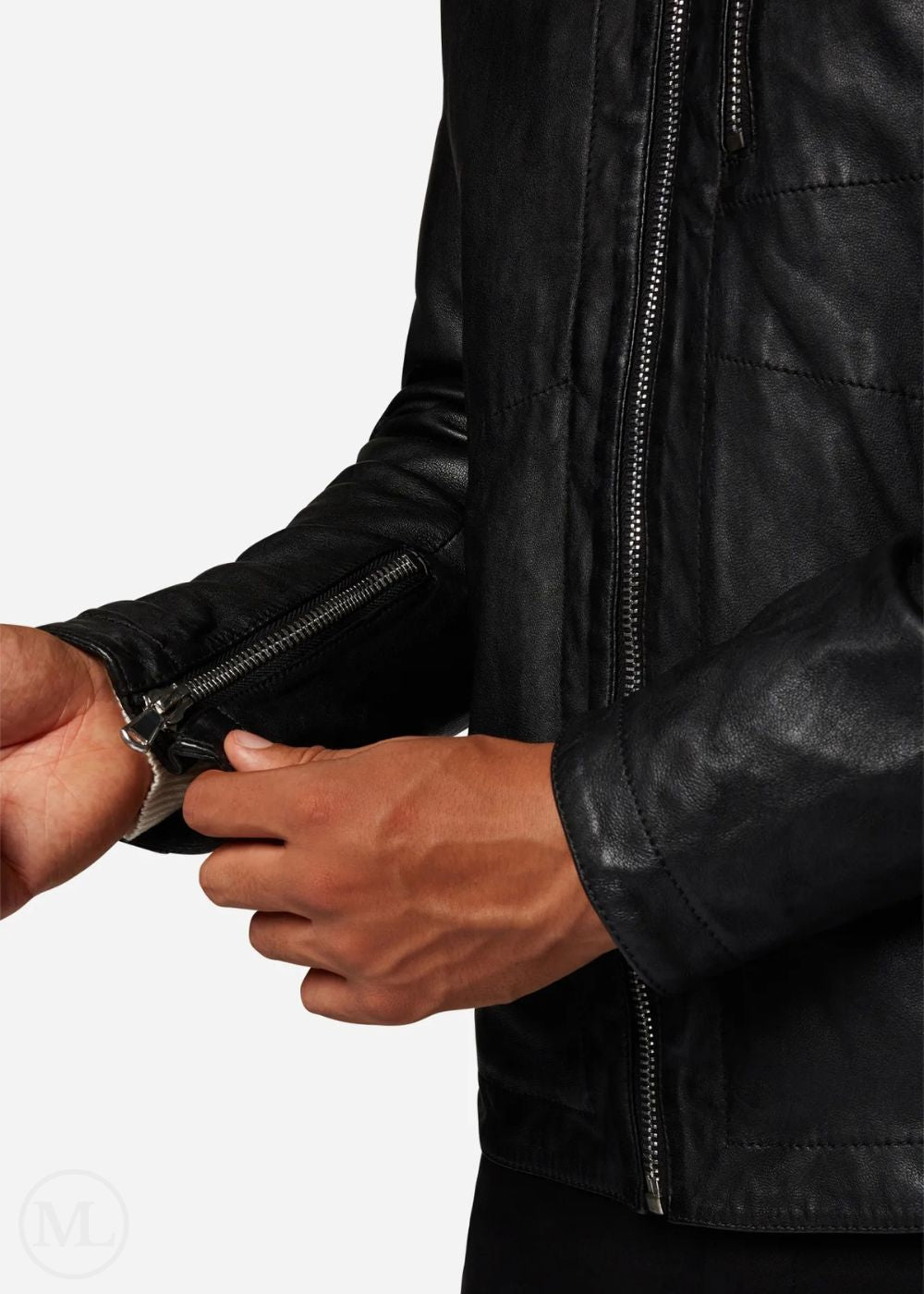Man wearing a black leather jacket with a close-up of the zipper.