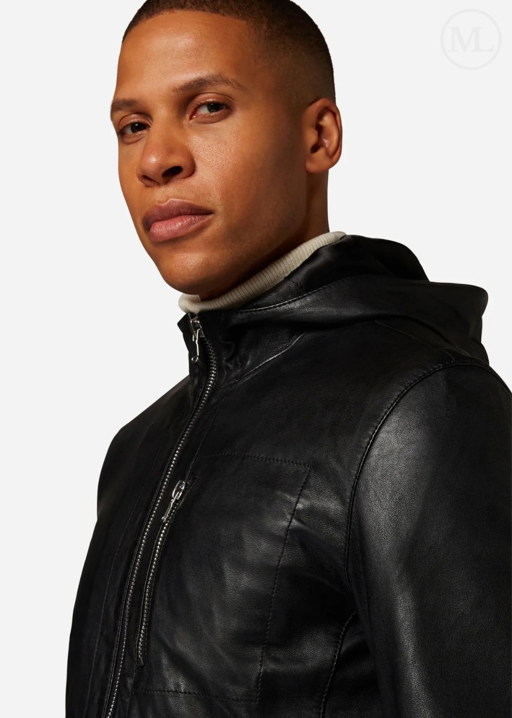 Man wearing a black leather jacket on a white background