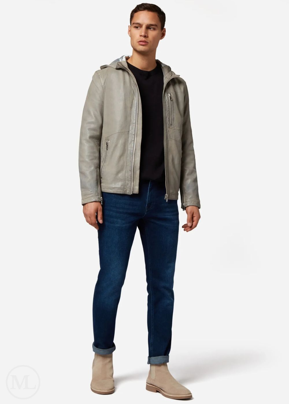 Man wearing a gray leather jacket, black shirt, blue jeans, and beige boots on a white background