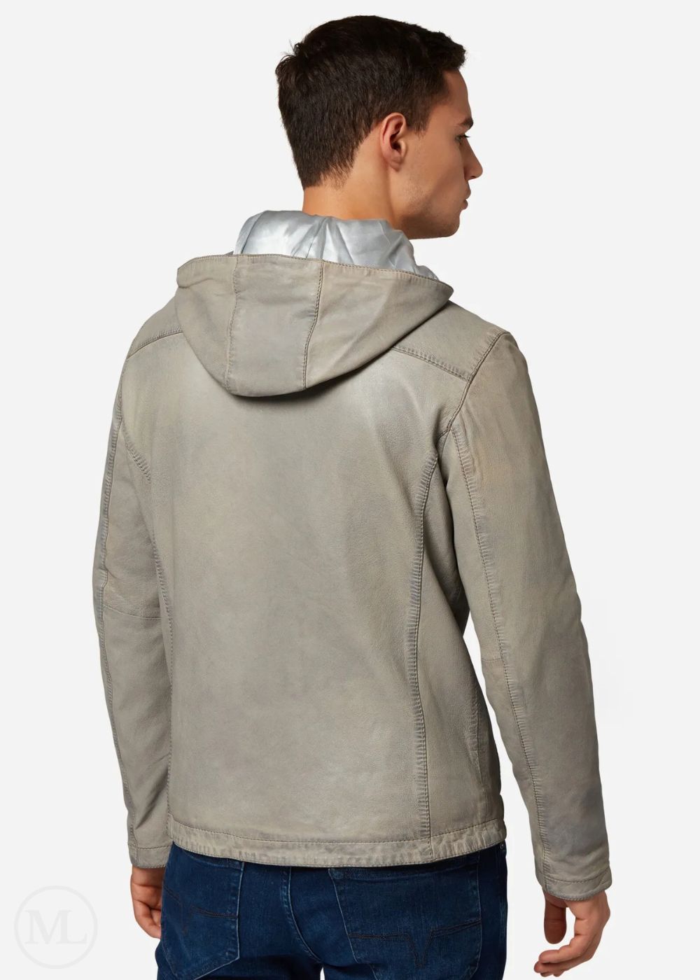 Man wearing a grey hooded leather jacket on a white background