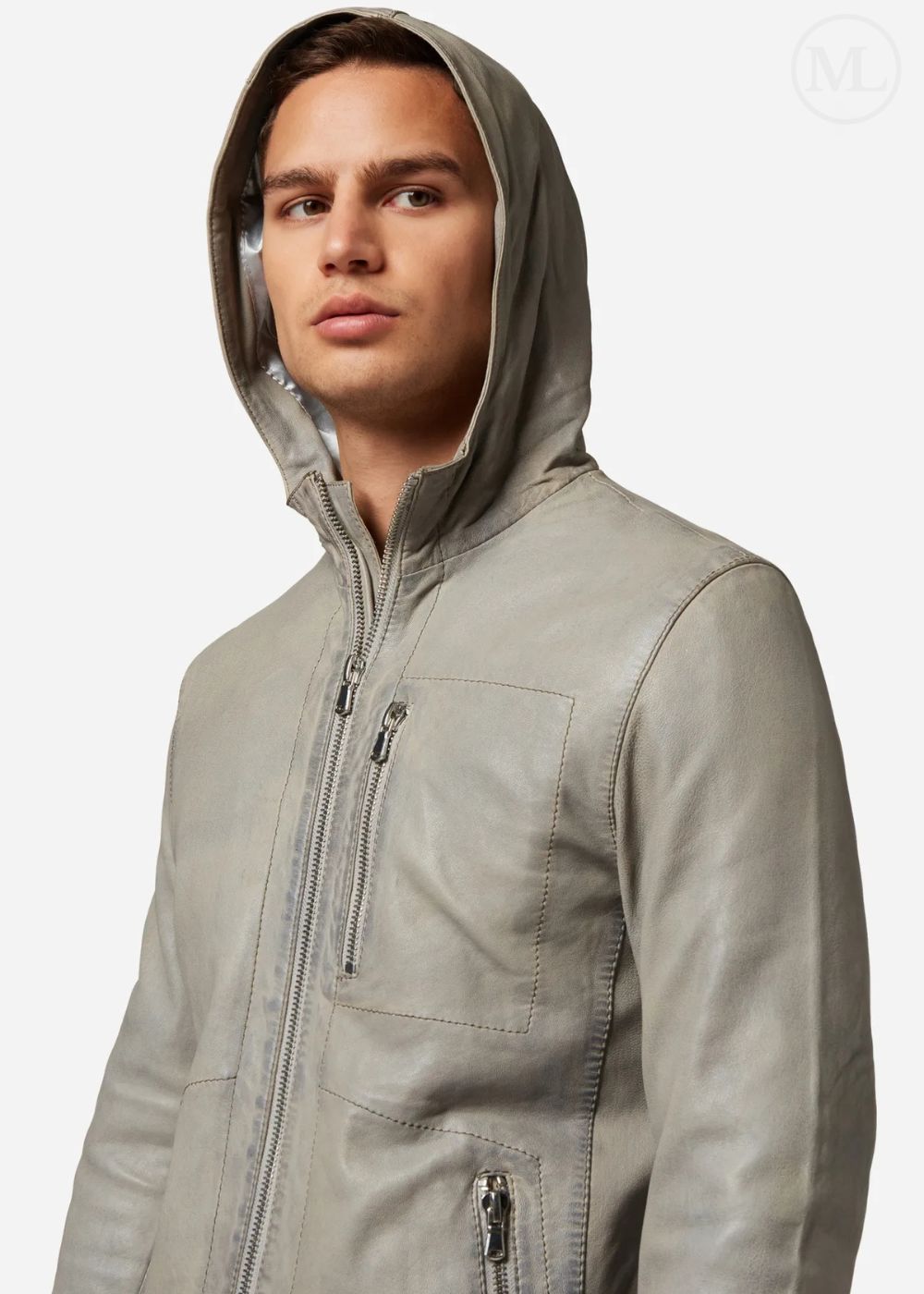 Man wearing a gray leather hooded jacket on a white background