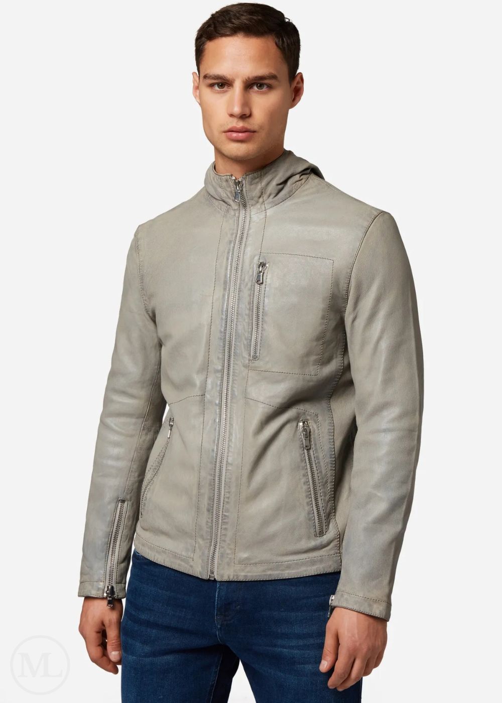 Man wearing a gray leather jacket on a white background