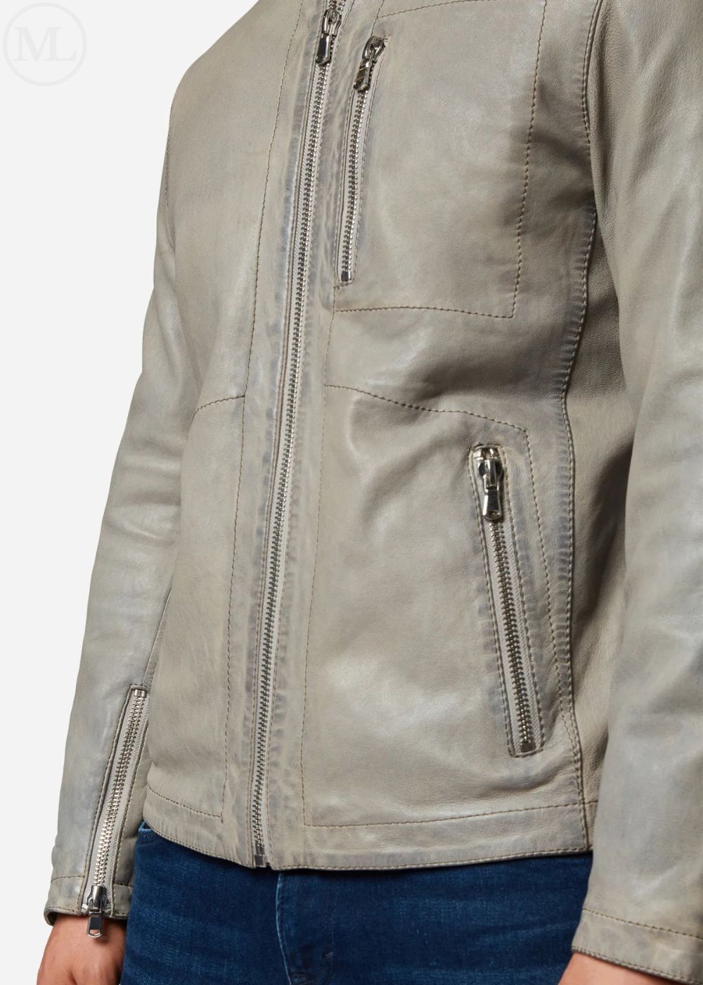 Gray leather jacket with multiple zippers worn by a man on a white background