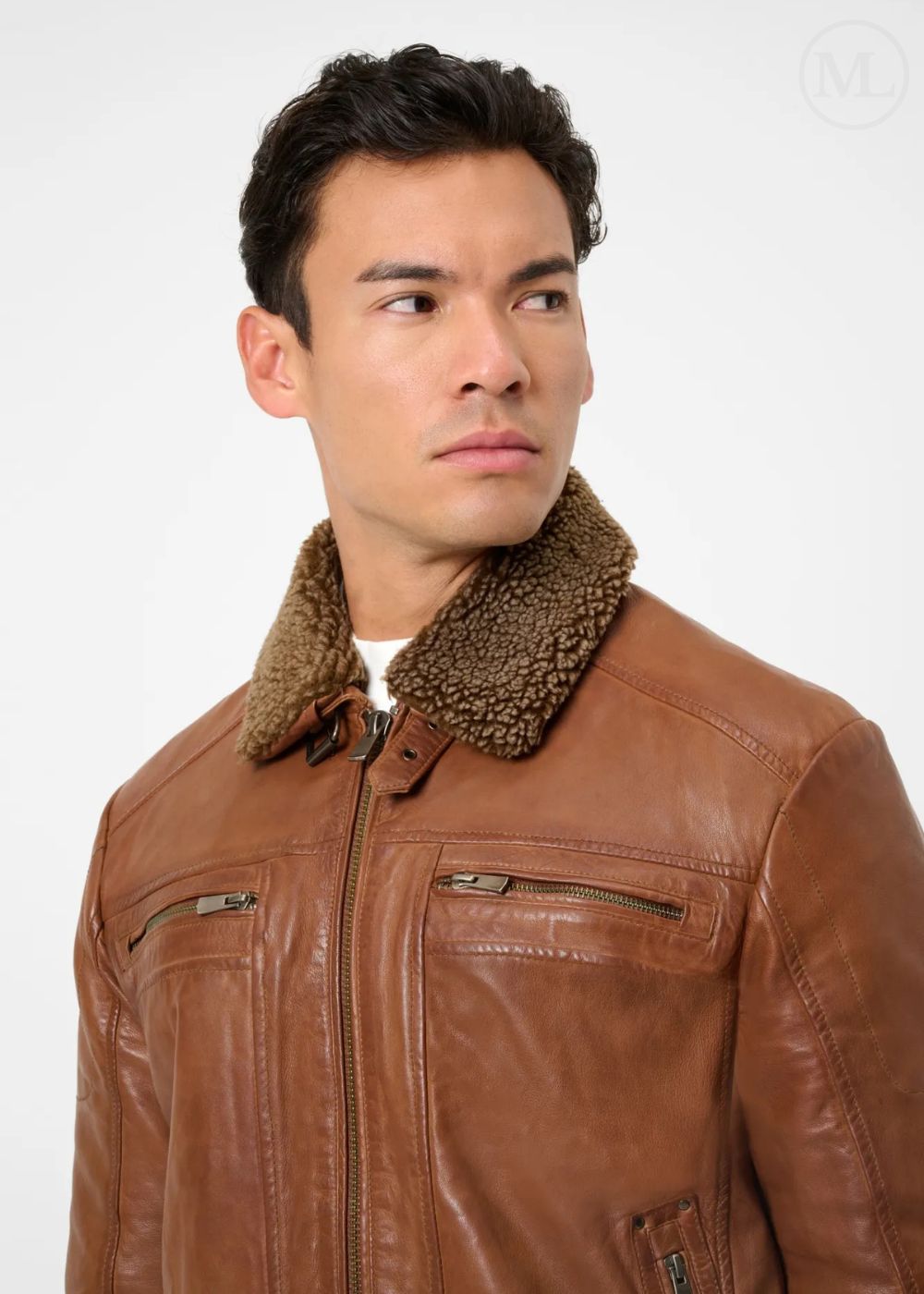 Cognac Brown leather jacket worn by a man on a white background