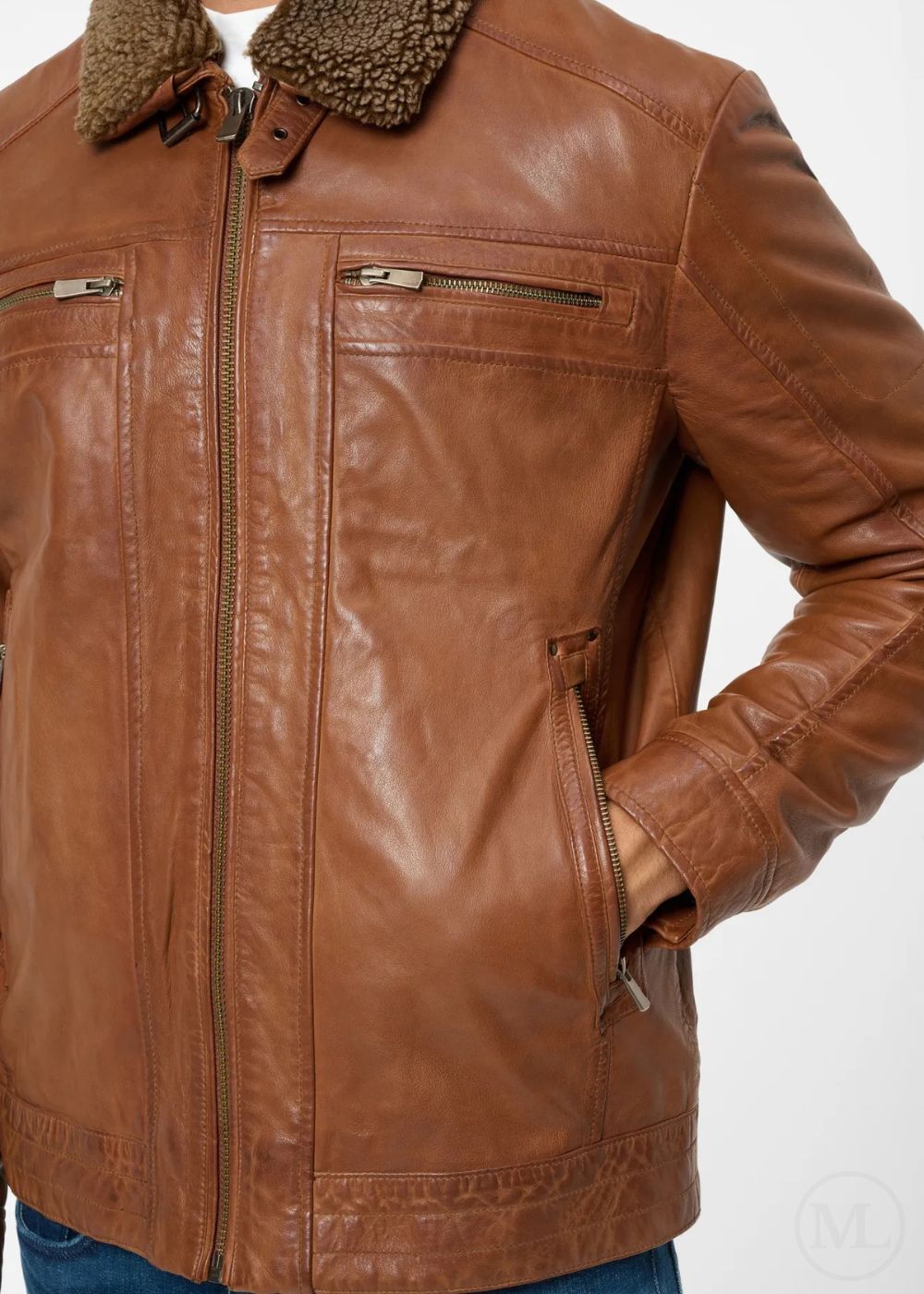 Cognac Brown leather jacket with fur lining on a white background