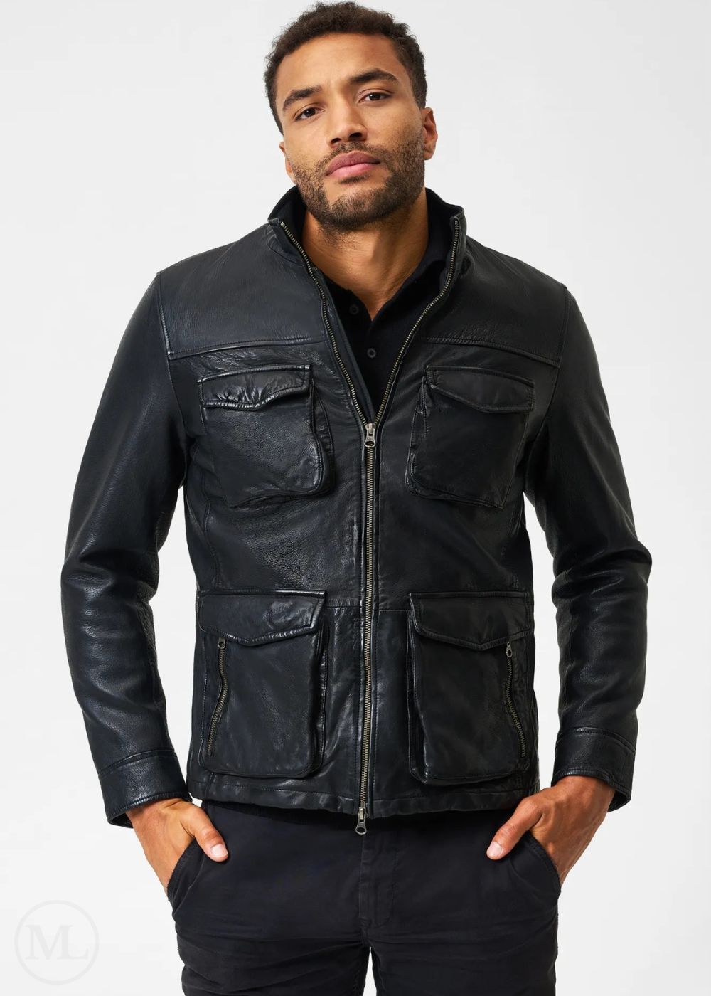 Man wearing a black leather jacket on a white background
