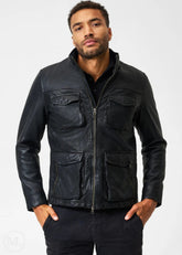Man wearing a black leather jacket on a white background