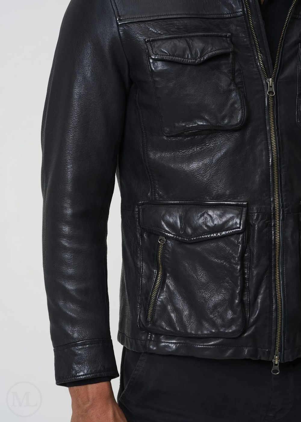 Black leather jacket with multiple pockets on a white background