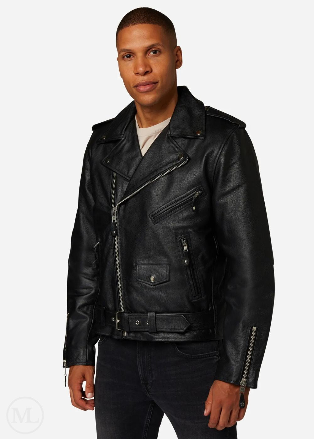 Man wearing a black leather biker jacket on a white background