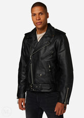 Man wearing a black leather biker jacket on a white background