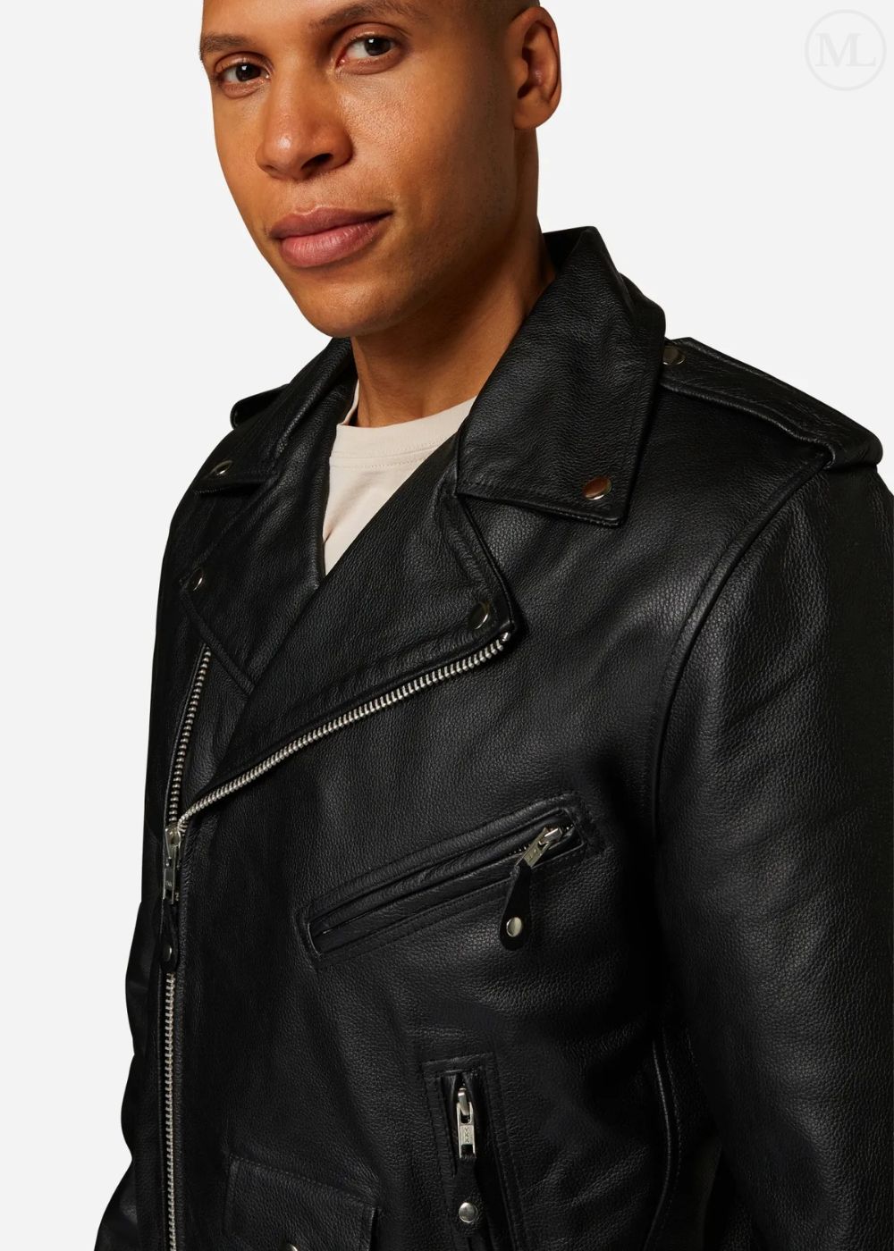 Man wearing a black leather biker jacket on a plain background