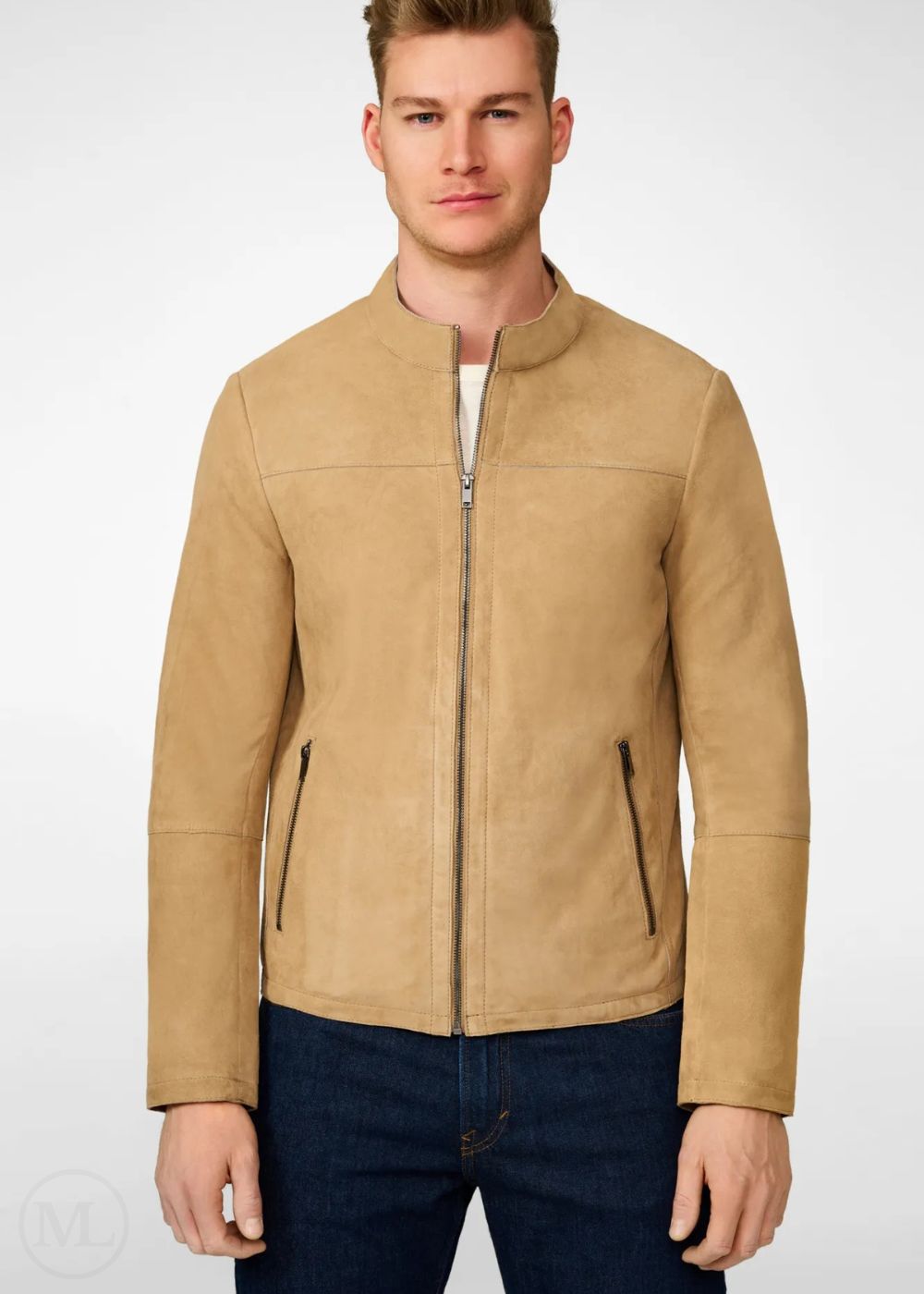 Man wearing a beige suede leather jacket on a white background