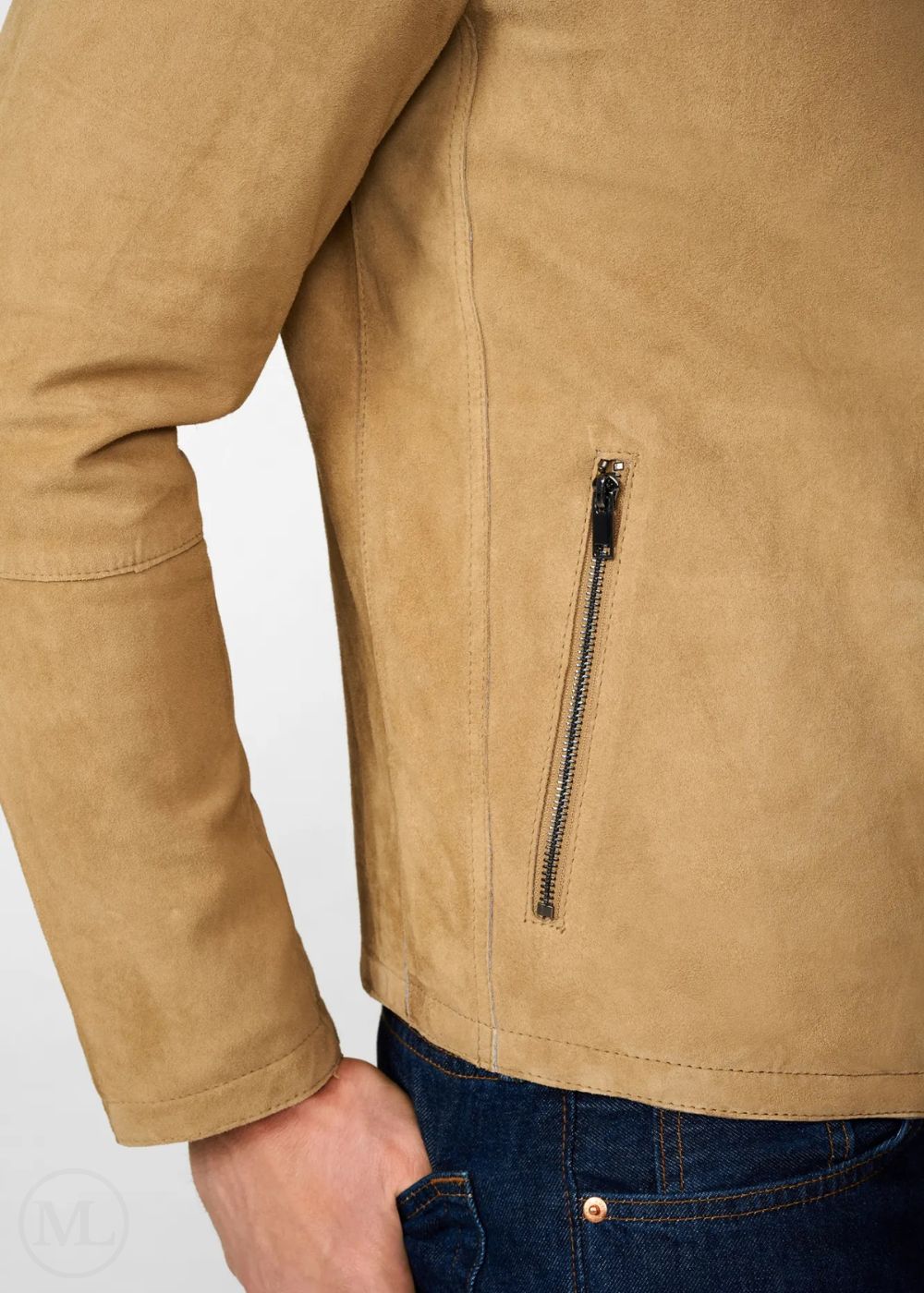 Beige leather suede jacket with a zipper detail on a white background
