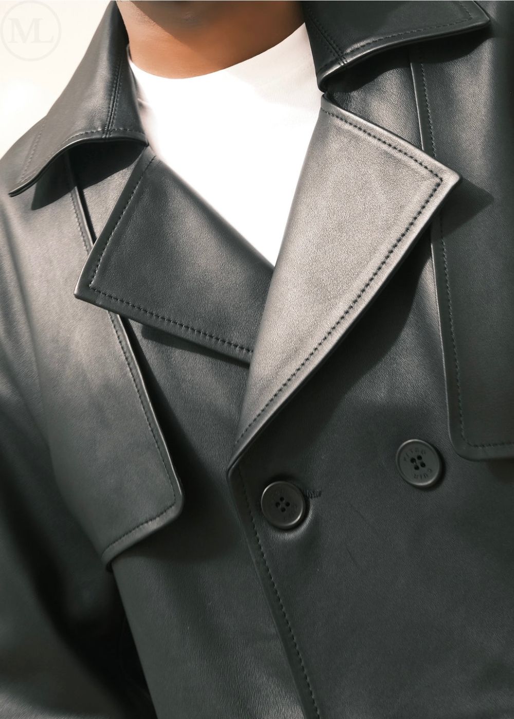 Close-up of a black leather trench coat worn by a man with a white shirt underneath