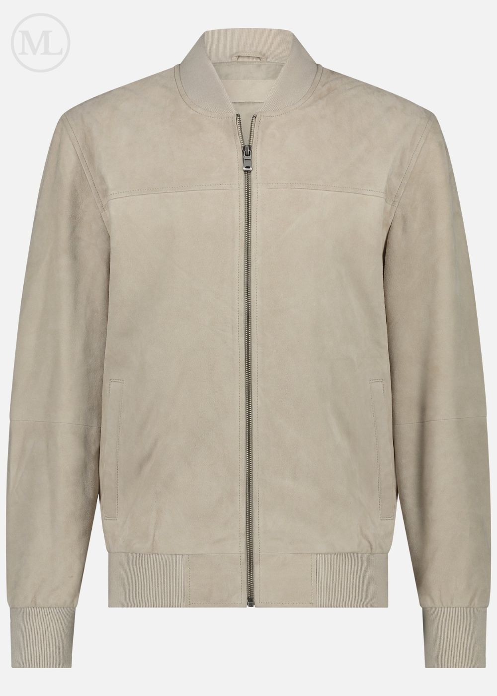 Ivory bomber suede jacket on a white background