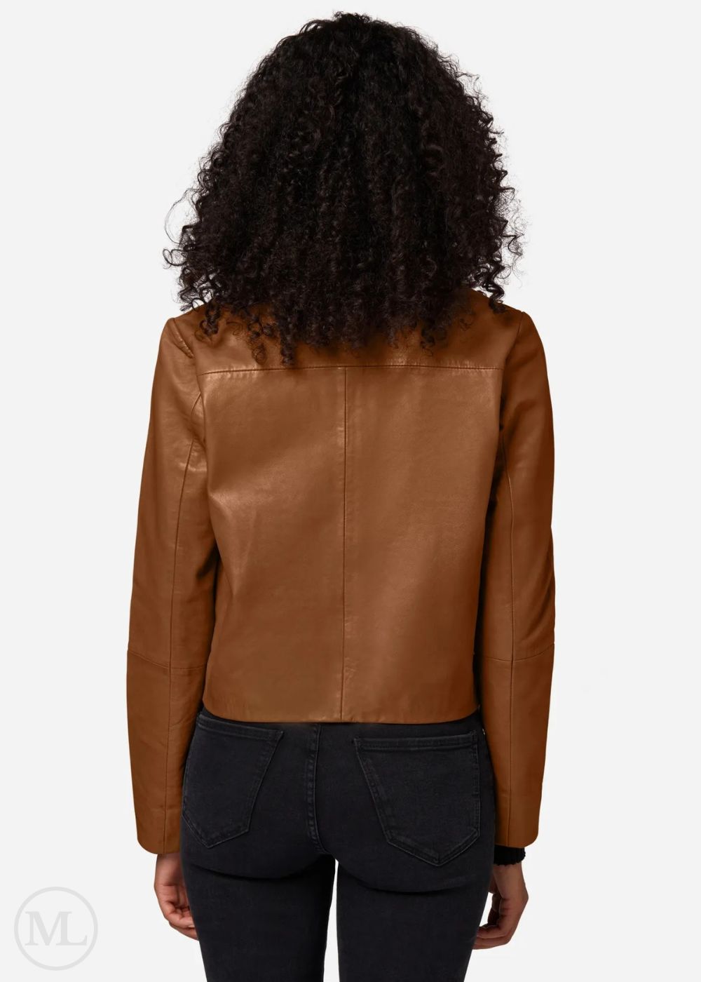 Women wearing a brown leather cropped jacket from behind on a white background