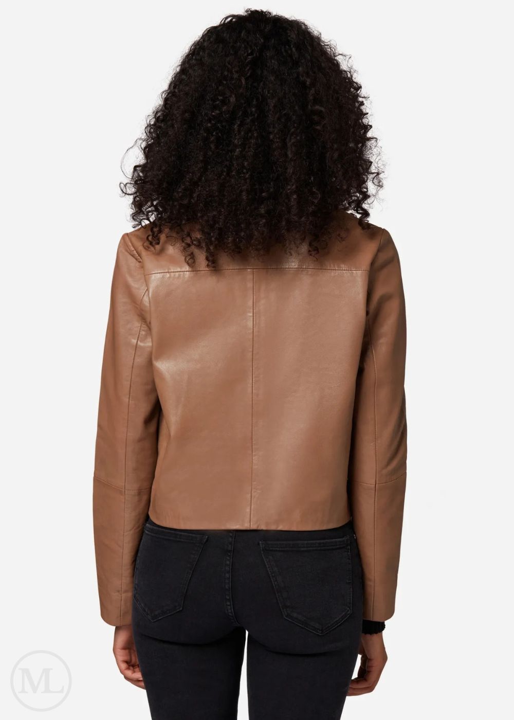 Women wearing a camel leather cropped jacket on a white background