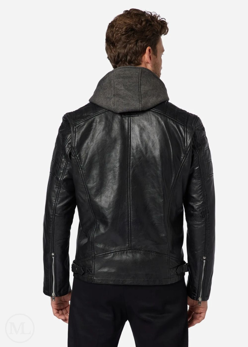 Man wearing a black leather jacket with a gray hood on a white background