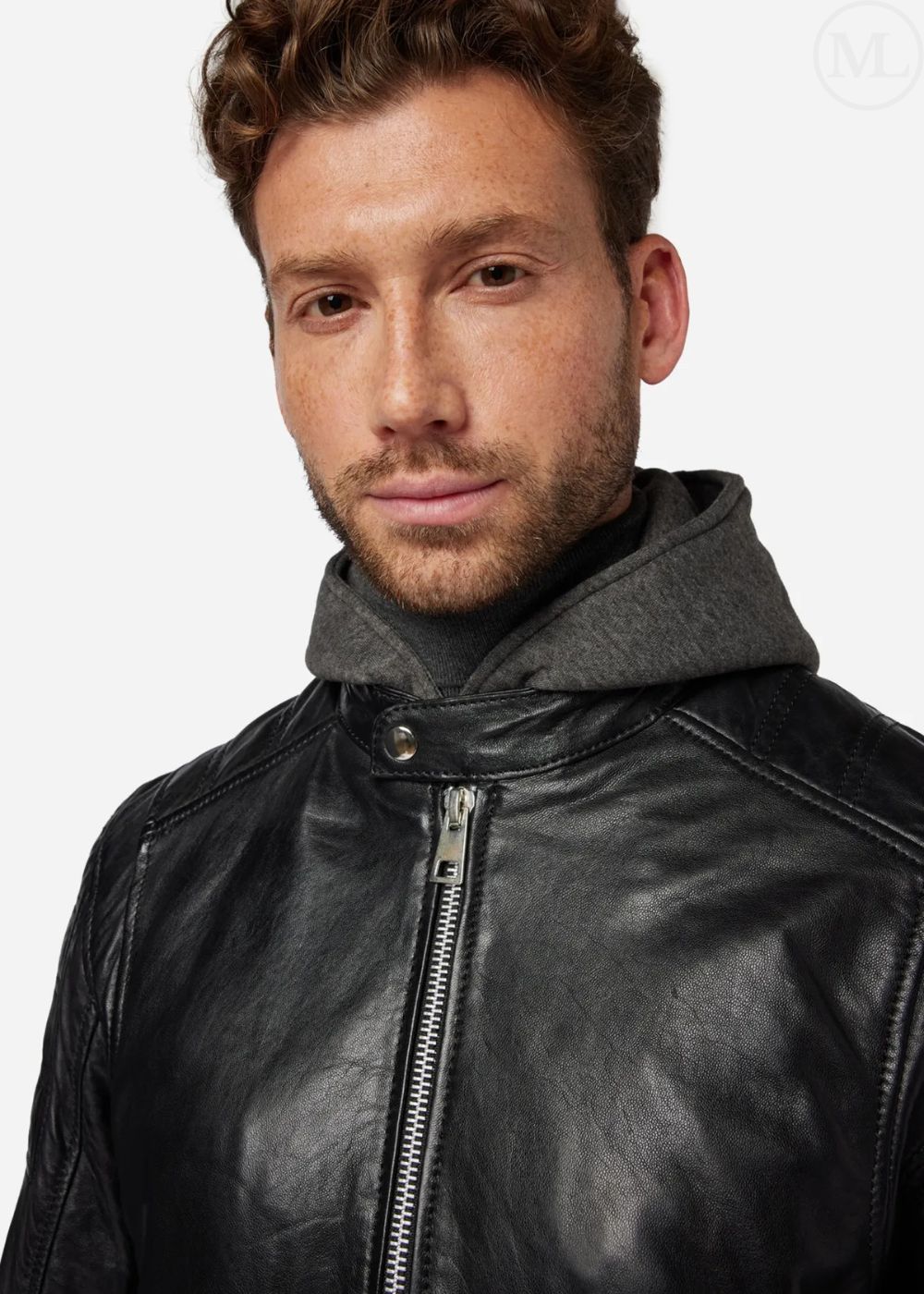 Man wearing a black leather jacket with a gray hood on a white background
