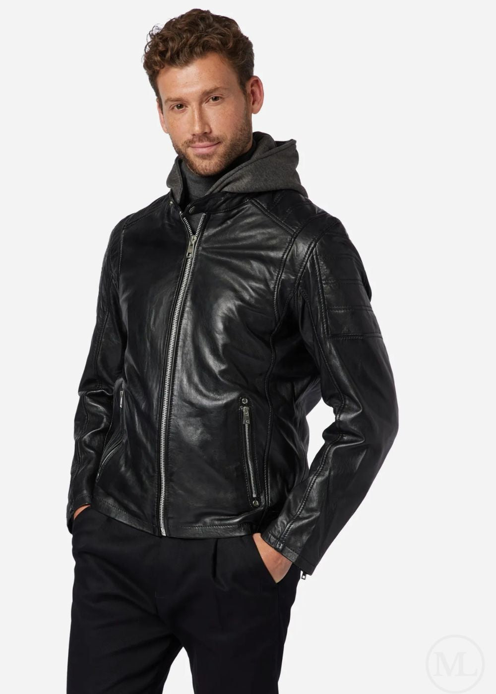 Man wearing a black leather jacket with a hood on a white background