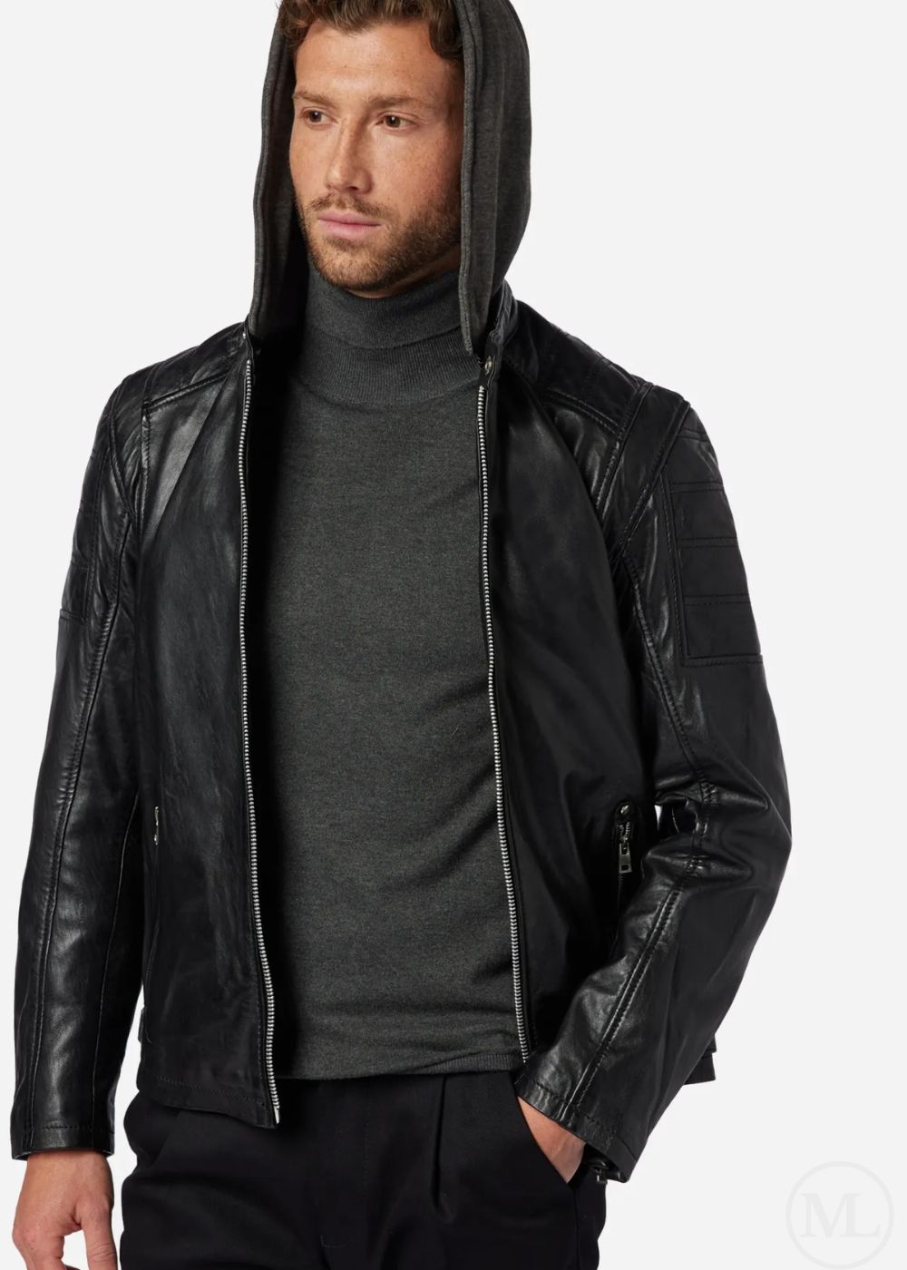Man wearing a black leather jacket with a hood on a white background