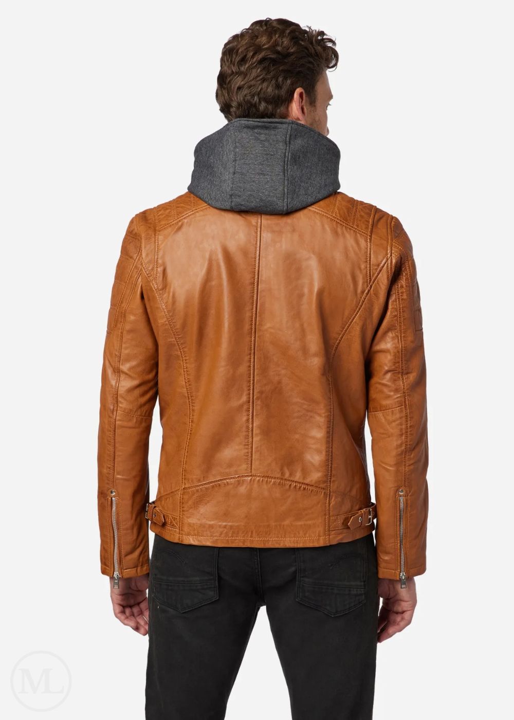 Man wearing a cognac brown leather jacket with a gray hood on a white background