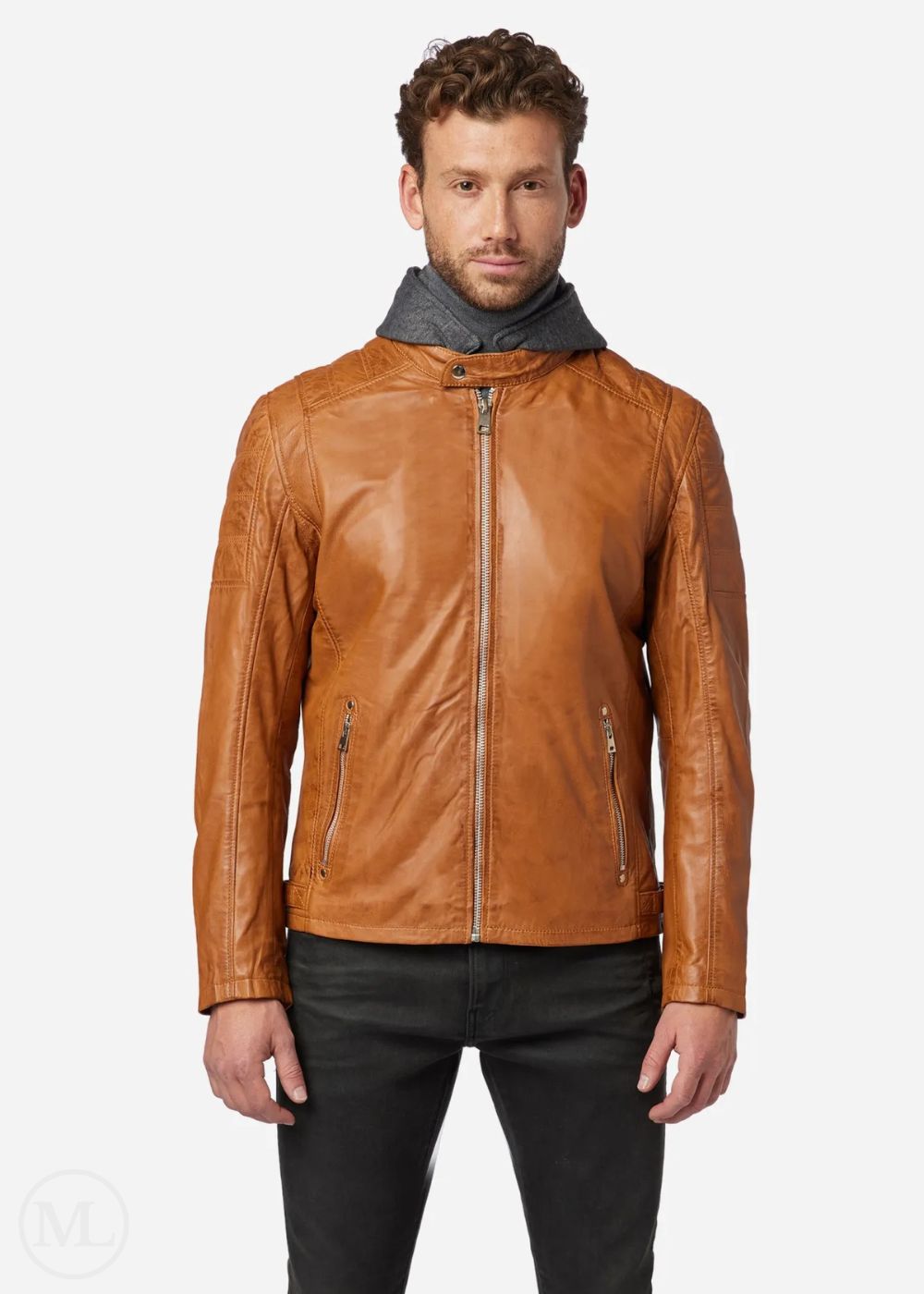 Man wearing a cognac brown leather biker jacket on a white background