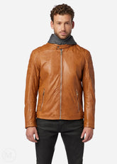 Man wearing a cognac brown leather biker jacket on a white background