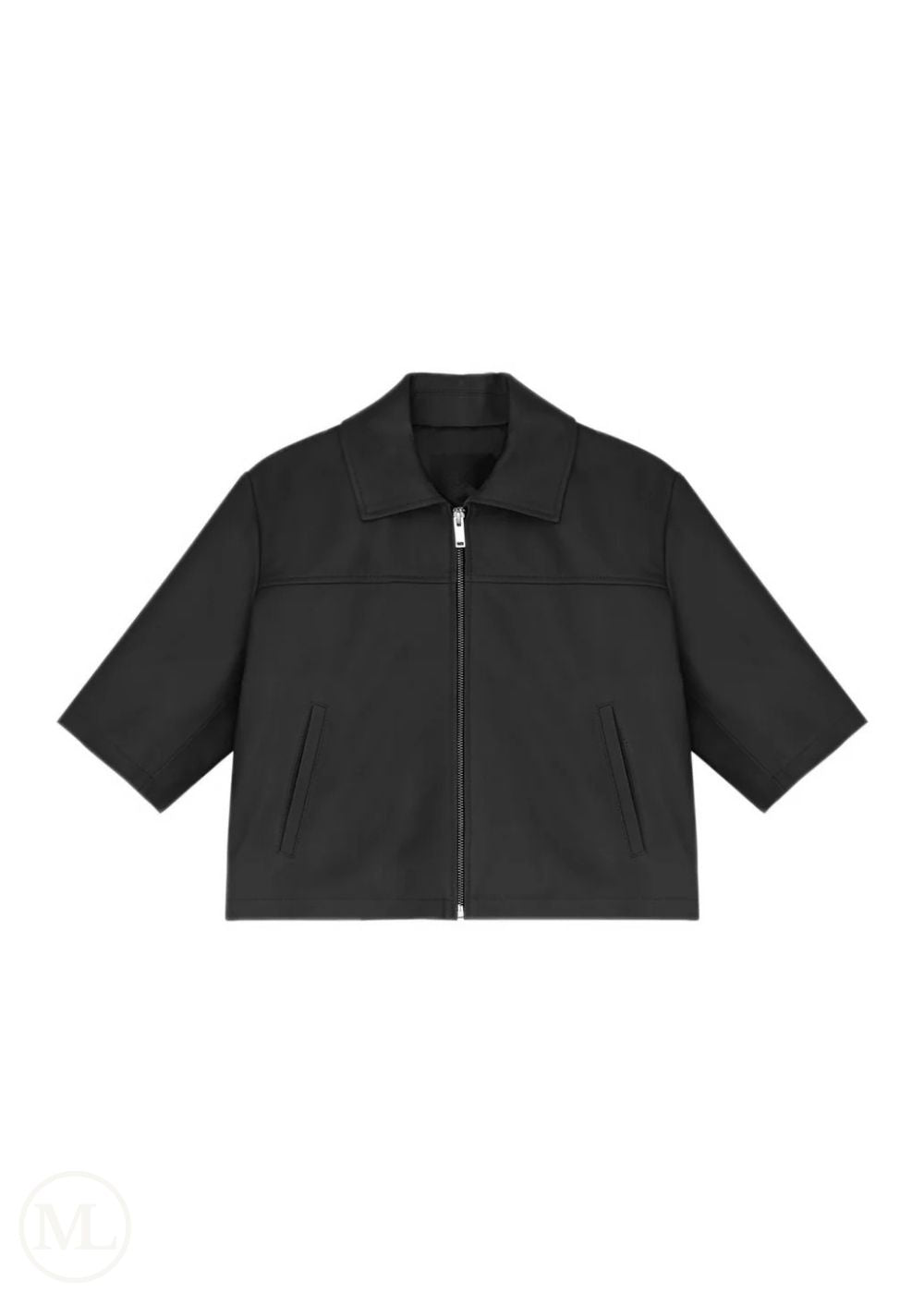 Kaia – Women’s Cropped Half-Sleeve Leather Jacket with Shirt Collar - Black - white bg