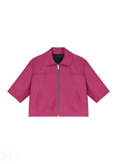Kaia – Women’s Cropped Half-Sleeve Leather Jacket with Shirt Collar - Fuchsia - white bg